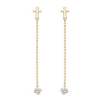 14k Gold Cross Linear Drop Earrings