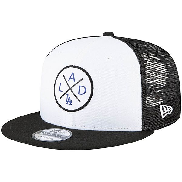 Men S New Era White Black Los Angeles Dodgers Vert 2 0 9fifty Trucker Snapback Hat