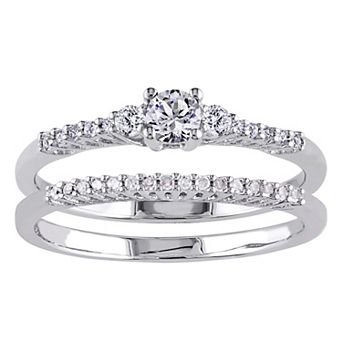 Stella Grace Sterling Silver Lab-Created White Sapphire & 1/10 Carat T.W. Diamond Engagement Ring Set