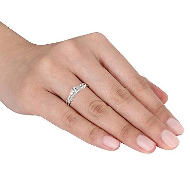 Stella Grace Sterling Silver Lab-Created White Sapphire & 1/10 Carat T.W. Diamond Engagement Ring Set