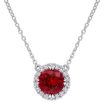 Stella Grace Sterling Silver Lab-Created Ruby & Lab-Created White Sapphire Halo Pendant Necklace