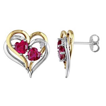 Stella Grace Two Tone Sterling Silver Lab-Created Ruby & Diamond Accent Heart Earrings