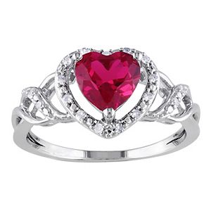 Double Accent Sterling Silver Simulated Ruby CZ Heart Halo Cocktail Ring Size 5 to 9