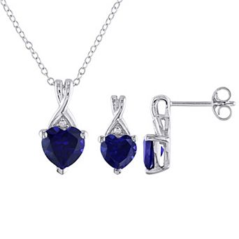 Stella Grace Sterling Silver Lab-Created Blue Sapphire & Diamond Accent Heart Pendant Necklace & Stud Earring Set