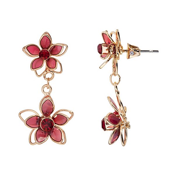 LC Lauren Conrad Gold Tone & Red Floral Drop Earrings - Red