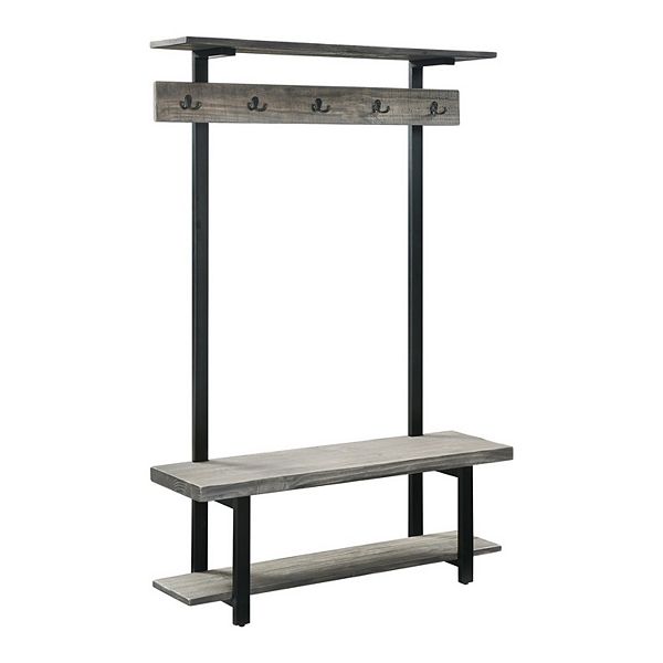 Alaterre Furniture Pomona Entryway Hall Tree with Bench, Shelf and Coat Hooks Slate Gray: Metal Frame, 5 Hooks, Storage Organizer