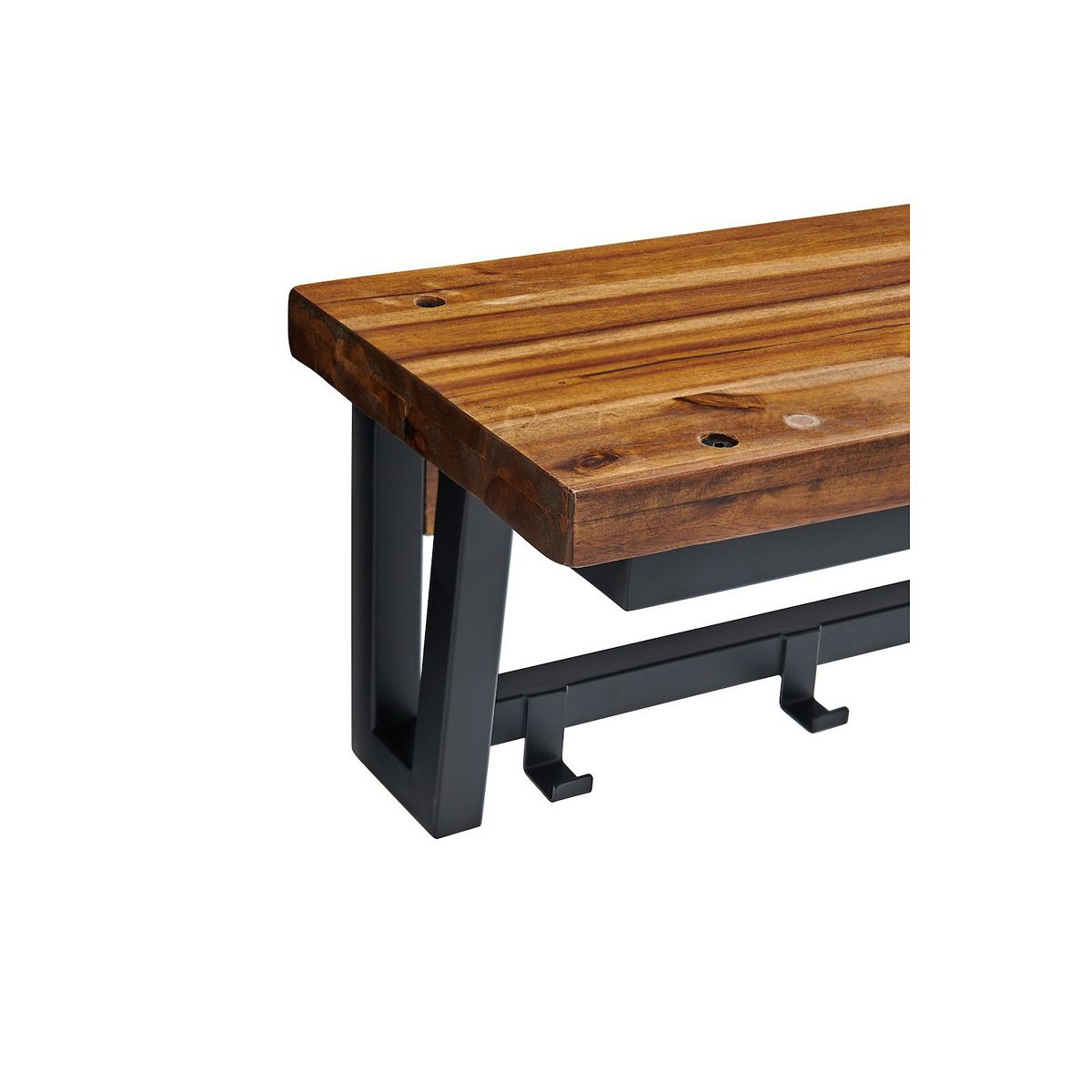 Close-up of wood and black metal leg on Claremont bench