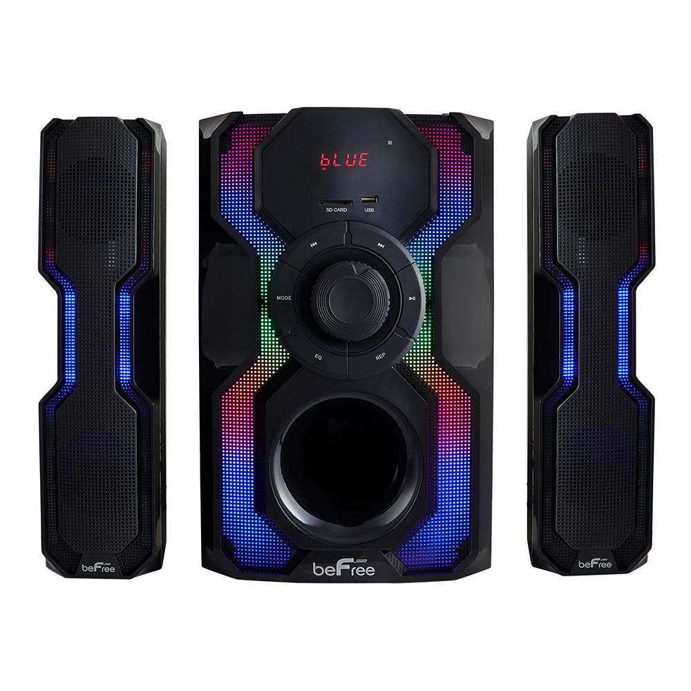 beFree Sound 2.1 Channel Bluetooth Multimedia Wired Speaker Shelf Stereo System with Reactive LED Lights & FM Radio