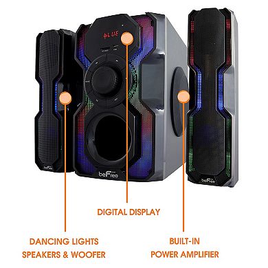 beFree Sound 2.1 Channel Bluetooth Multimedia Wired Speaker Shelf Stereo System with Reactive LED Lights & FM Radio