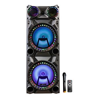 beFree Sound Rechargeable Bluetooth 12-Inch Double Subwoofer Portable Party Speaker with Dual Layer Reactive Party Lights & FM Radio