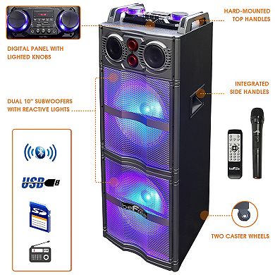 beFree Sound Double 10-Inch Subwoofer Portable Bluetooth Party Speaker with Reactive Lights