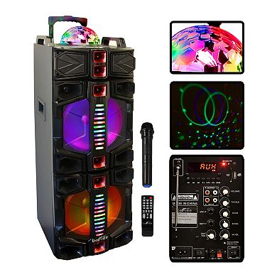 beFree Sound Dual 12-Inch Subwoofer Portable Bluetooth Party Speaker with LED Lights & Wireless Microphone
