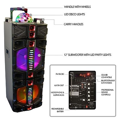 beFree Sound Dual 12-Inch Subwoofer Portable Bluetooth Party