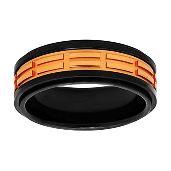 Steel Nation Men's Black & Orange Stainless Steel Treaded Wedding Band