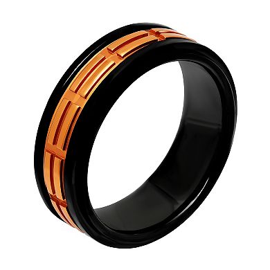Steel Nation Men's Black & Orange Stainless Steel Treaded Wedding Band
