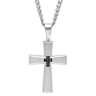 Steel Nation Men's Blue Diamond Accent Stainless Steel Cross Pendant Necklace
