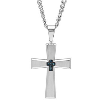 Steel Nation Men's Blue Diamond Accent Stainless Steel Cross Pendant Necklace