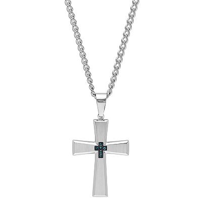 Men s Blue Diamond Accent Stainless Steel Cross Pendant Necklace
