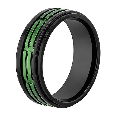 Men's Black and Green Stainless Steel Treaded Wedding Band