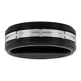 Steel Nation Men's Black & Gray Stainless Steel Treaded Wedding Band