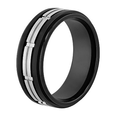 Men's Black & Gray Stainless Steel Treaded Wedding Band