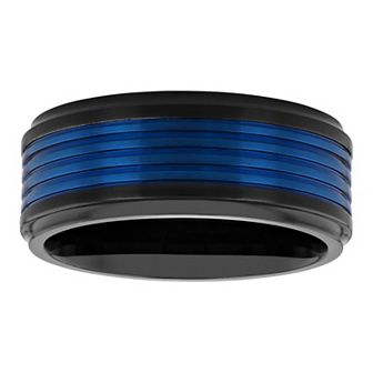 Steel Nation Men's Blue & Black Stainless Steel Grooved Wedding Band