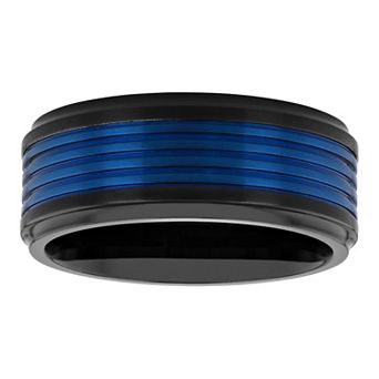 Steel Nation Men's Blue & Black Stainless Steel Grooved Wedding Band