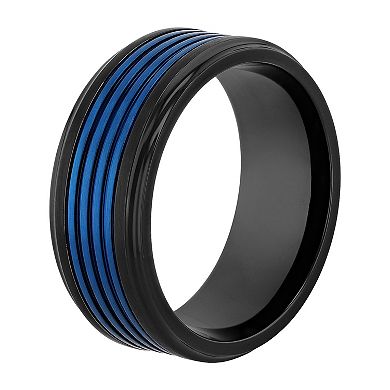 Men's Blue & Black Stainless Steel Grooved Wedding Band