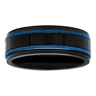 Steel Nation Men's Black & Blue Stainless Steel Grooved Wedding Band