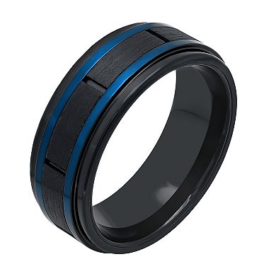 Men's Black & Blue Stainless Steel Grooved Wedding Band