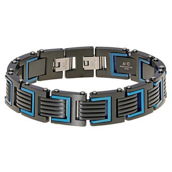 Men's LYNX Black & Blue Ion-Plated Stainless Steel Ribbed Link Bracelet