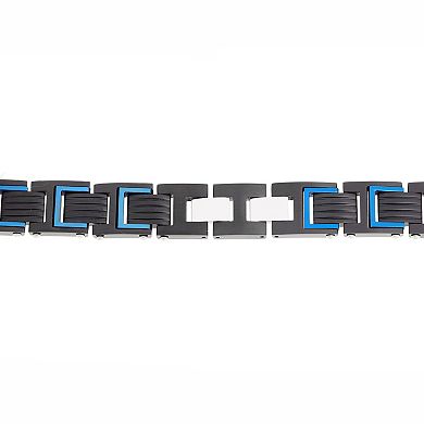 Men's LYNX Black & Blue Ion-Plated Stainless Steel Ribbed Link Bracelet 