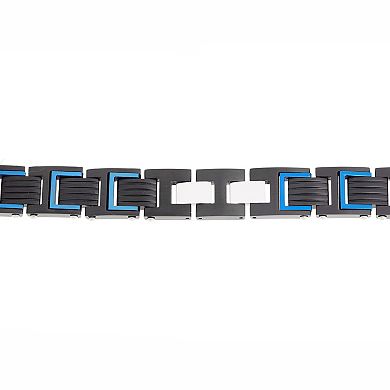 Men's LYNX Black & Blue Ion-Plated Stainless Steel Ribbed Link Bracelet