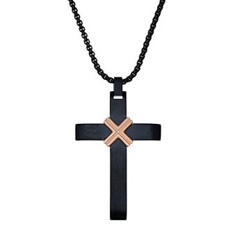 Men's LYNX Black & Rose Gold Ion-Plated Stainless Steel Cross Pendant Necklace