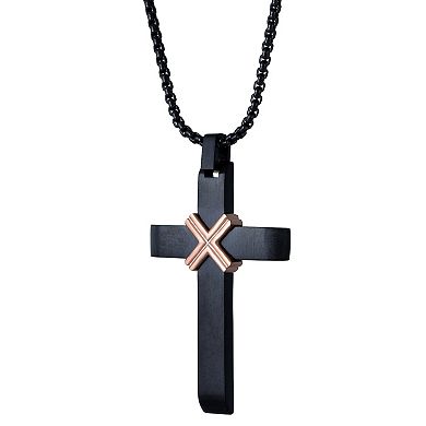 Men's LYNX Black & Rose Gold Ion-Plated Stainless Steel Cross Pendant Necklace