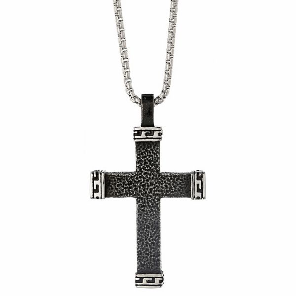 Men's LYNX Black Ion-Plated Stainless Steel Textured Cross Pendant Necklace