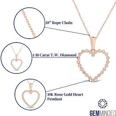 Gemminded 10k Rose Gold 1/10 Carat T.W. Diamond Heart Pendant Necklace