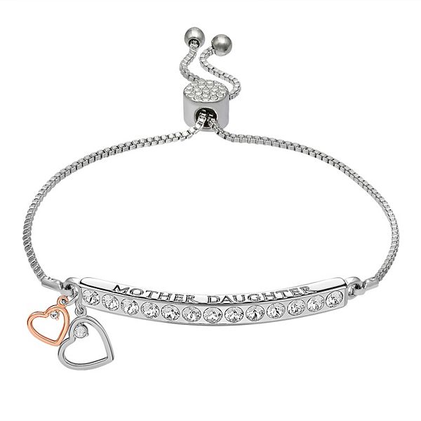 Brilliance Silver Plated "Mother Daughter" Double Heart Charm Bracelet - Two Tone (7/8")