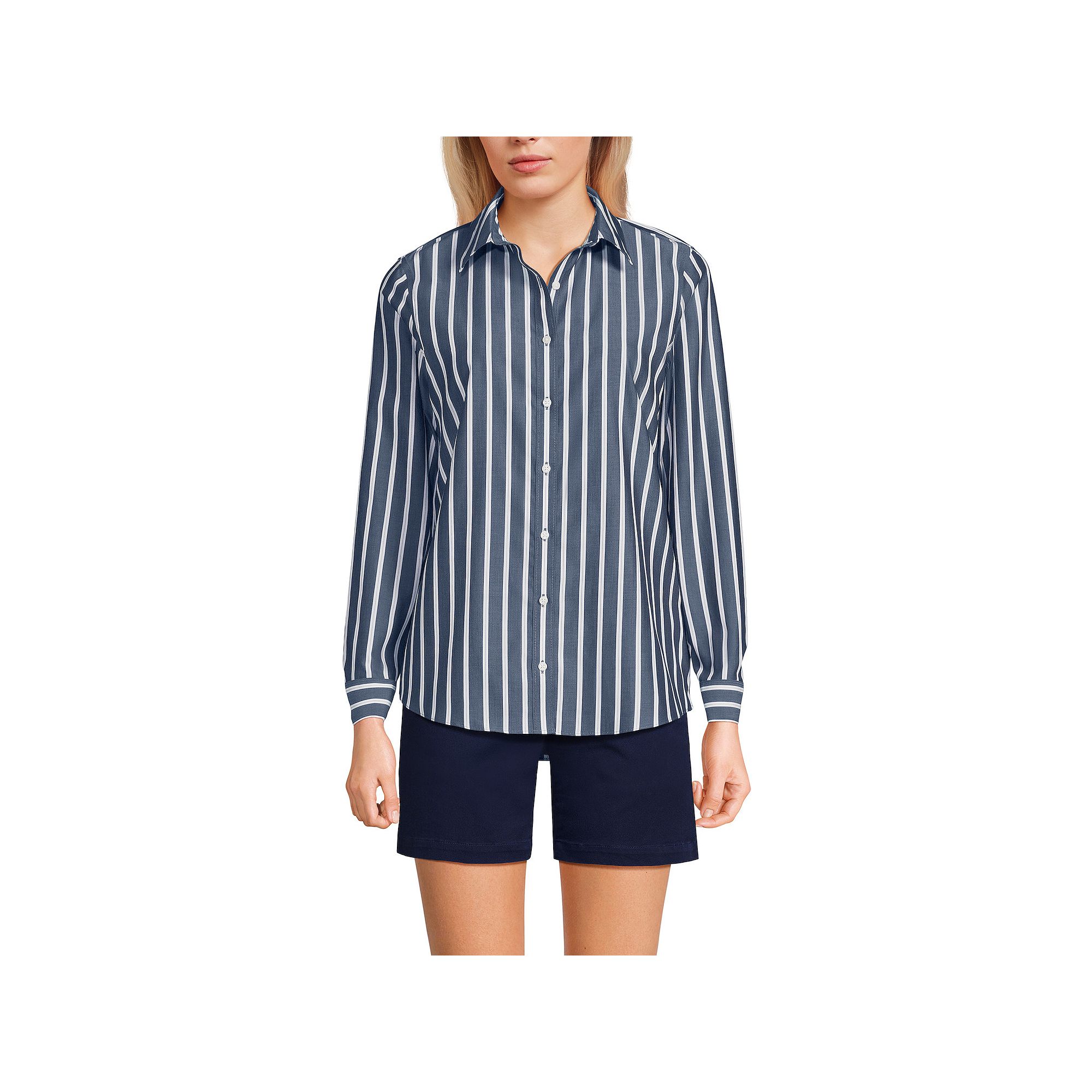 Womens Lands End No-Iron Long Sleeve Supima Cotton Shirt, Size: 2, Navy W