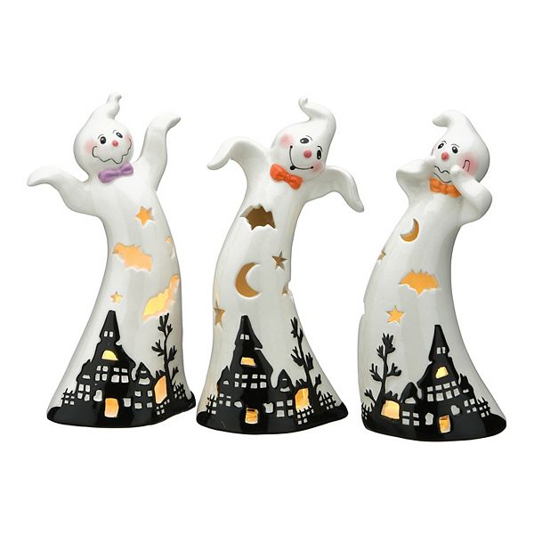 National Tree Company Three Dancing Ghosts Ceramic Decoration, LED Lights, Pack of 3, Halloween Collection, 7 in