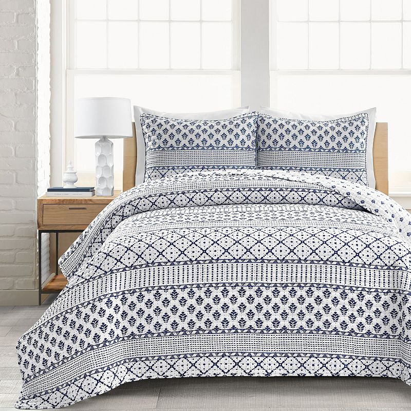 Lush Decor Monique Stripe Quilt Set, Blue, King