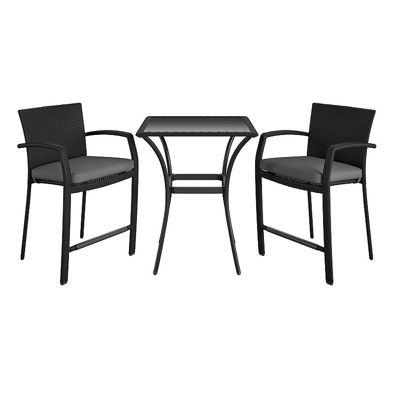 Cosco Outdoor Living 3-Piece High Top Bistro Lakewood Ranch Steel Woven Wicker Patio Balcony Furniture Set with Cushions  Black and Gray (Table Glass Is Broken)