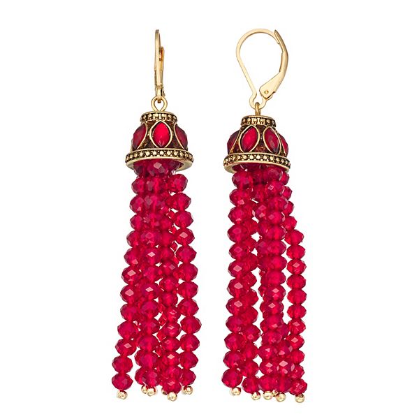 Napier Gold Tone And Red Linear Beaded Tassel Earrings 