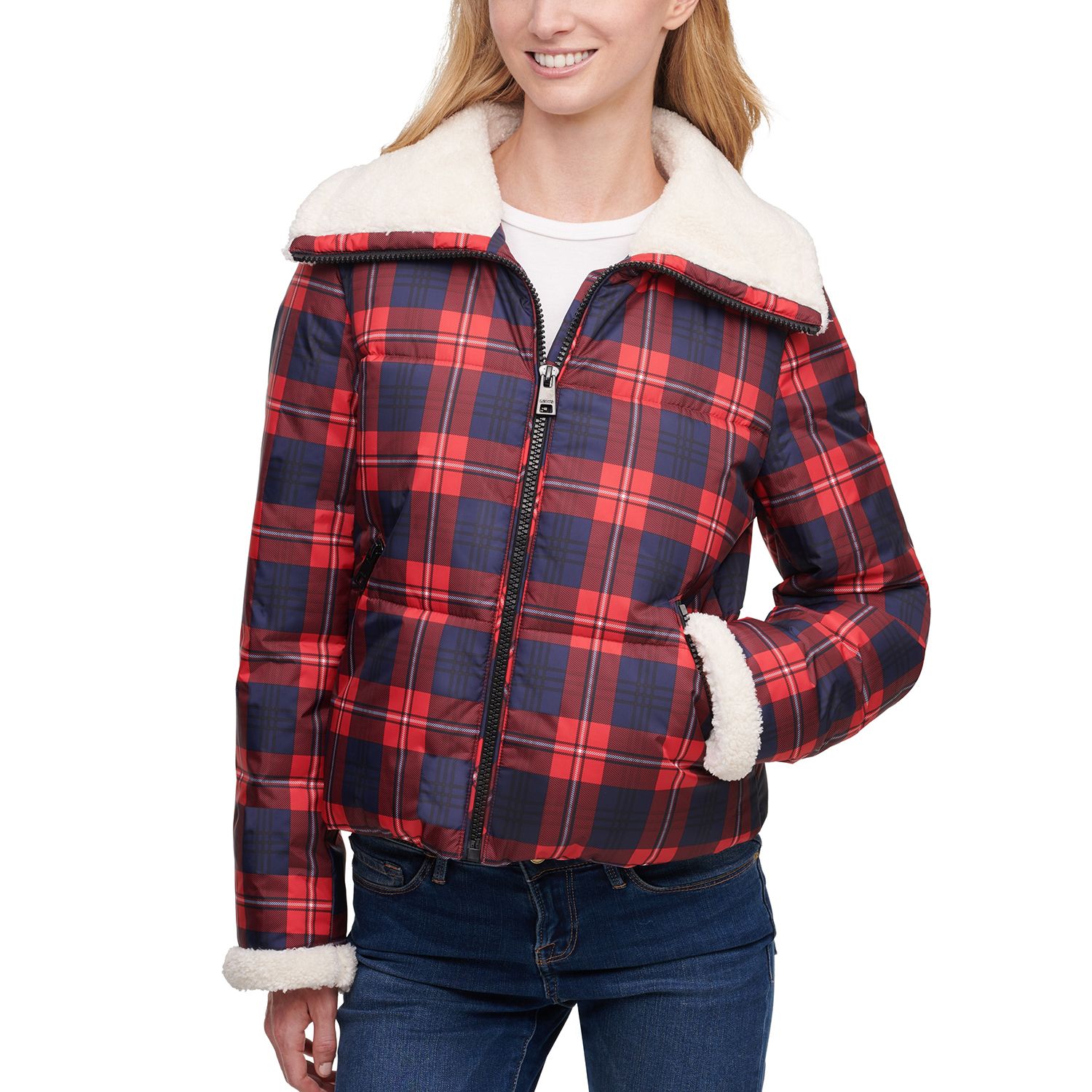 Plaid Sherpa-Collar Quilted Puffer Jacket