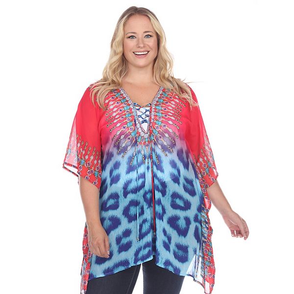 Plus Size White Mark Print Lace Up Caftan Top