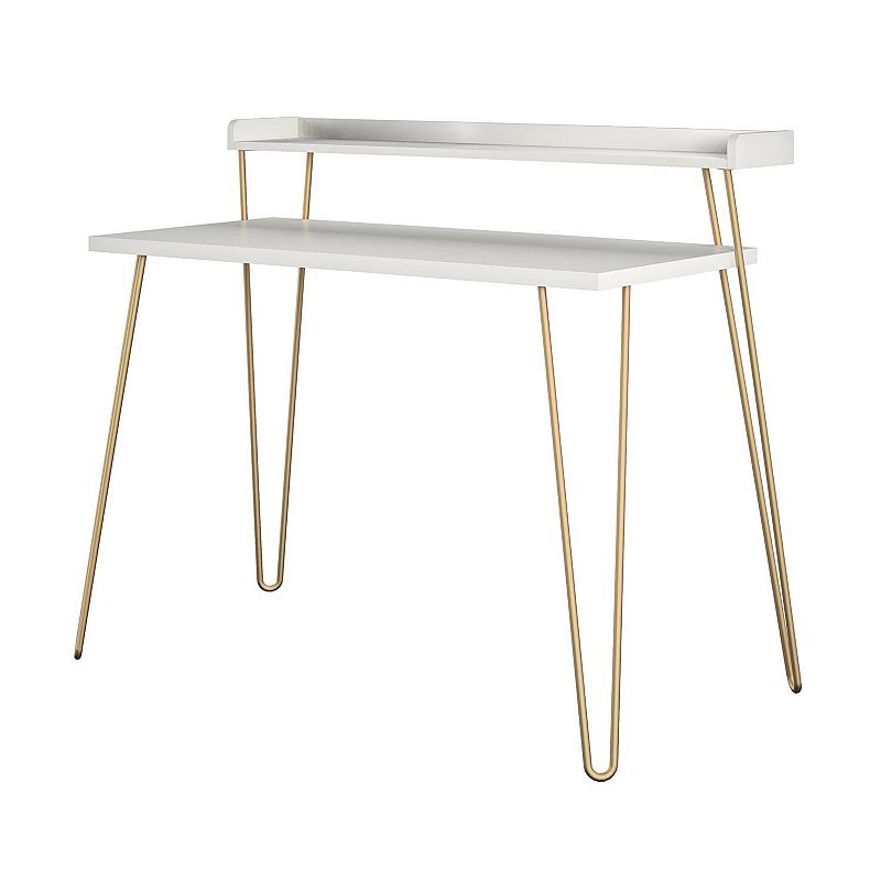 Ameriwood Home Haven Retro Computer Desk with Riser with Gold Legs, White