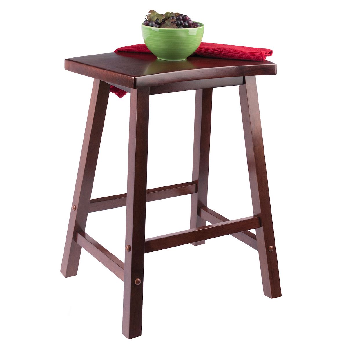 Dark wood Katashi counter stool with decorative items on the seat