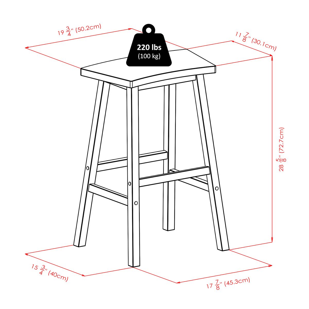 Katashi bar stool measurements diagram showing height and width in inches and cm