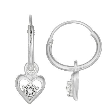 Kids' Charming Girl Sterling Silver Crystal Heart Hoop Earrings