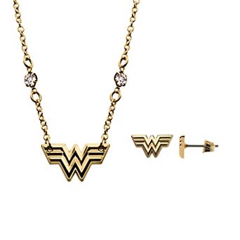 DC Comics Wonder Woman 1984 Gold Tone Stainless Steel Logo Pendant & Stud Earring Set
